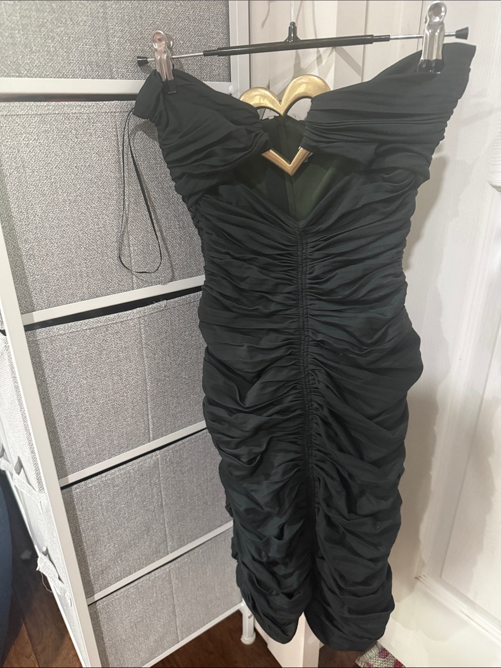 AREA Black Ruched Off-Shoulder Midi Dress